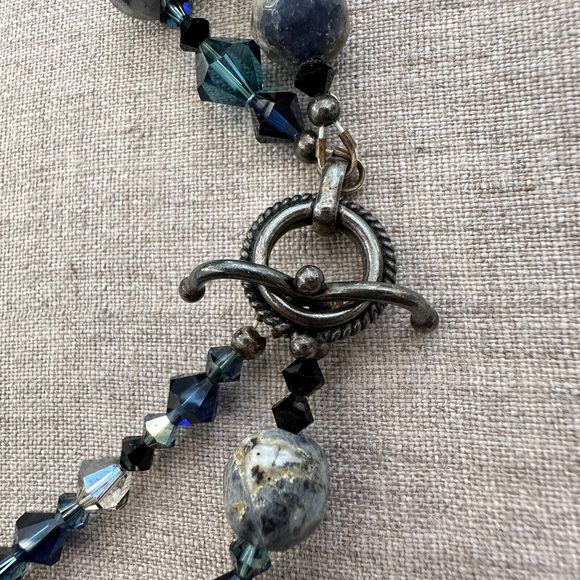Sodalite Stone Pendant Crystal Beaded Double Strand Sterling Silver Necklace 11" - Picture 11 of 13